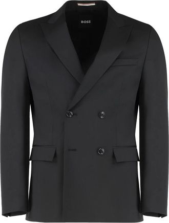 HUGO BOSS Jassen, Heren, Zwart, M, Wol, Wollen Blend Double-Breasted Jas