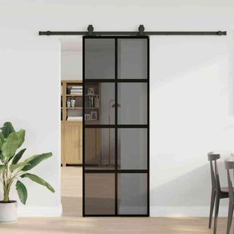 vidaXL Puerta Corredera Con Herrajes Negro 76x205 Cm Vidrio Templado Vidaxl