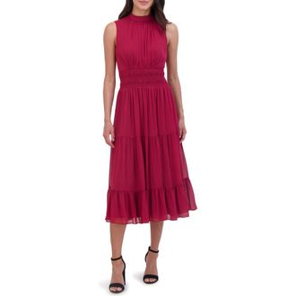 Vince Camuto Shirred Waist Sleeveless Tiered Midi Dress in Wne at Nordstrom Rack, Size 10