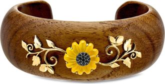 Ross-Simons Wooden Sunflower Cuff Bracelet With Yellow Chalcedony, Black Spinels and 18kt Gold Over Sterling