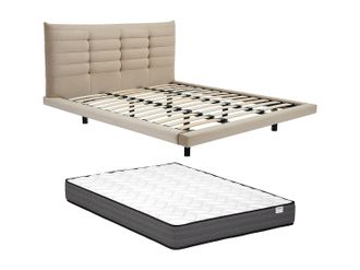 Vente-Unique Cama 140 x 190 cm con cabecero capiton&eacute; - Terciopelo - Beige + Colch&oacute;n - NISATIO