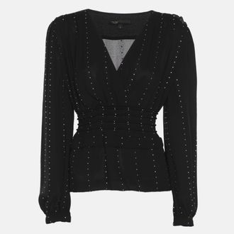 Maje Black Creep Crystal Embellished V Neck Top