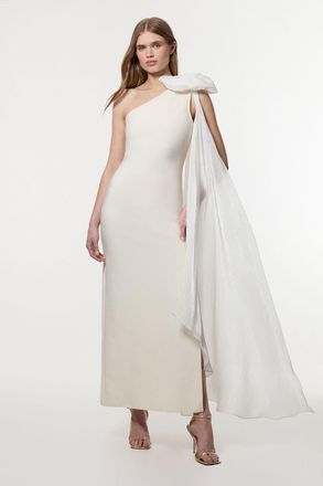 Karen Millen Womens Petite Bandage Figure Form Knit Woven Cape Detail Maxi Dress - White - Size 10 UK