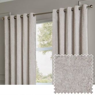 Riva Paoletti Lustre Velvet Fully Lined Eyelet Curtain Pair in Silver | Size: 229 cm width x 229 cm drop