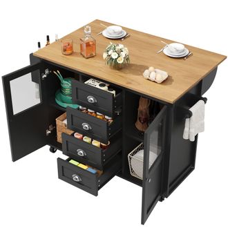 STILVORA Carro De Cocina Con 2 Puertas 4 Cajones Encimera Plegable Ruedas Toallero Para Cocina En Mdf Negro