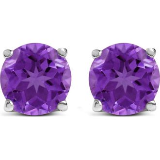 House of Brilliance 14K Gold 5X5MM Round Birthstone Solitaire Stud Earrings in Purple Amethyst | White at Nordstrom
