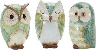 Melrose International Terra Cotta Owl Figurine (Set of 3) - Blue, Green, White