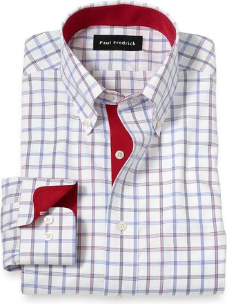 Paul Fredrick Tailored Fit Non-iron Cotton Check Dress Shirt With Contrast Trim