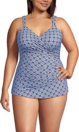 Lands End SlenderSuit V-Neck Skirted Low Leg One Piece in Lake Blue Geo Floral at Nordstrom, Size 22W