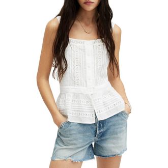 AllSaints Catalina Peplum Pintuck Lace Detail Top in Off White at Nordstrom Rack, Size 10 Us / 14 Uk
