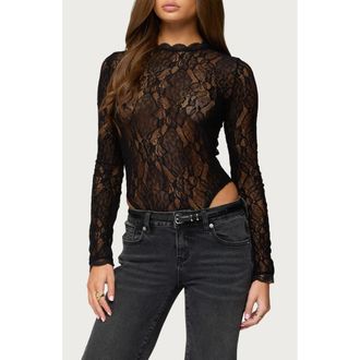 Edikted Rosalinda Lace Sheer Bodysuit in Black at Nordstrom, Size X-Small