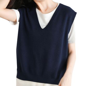 Generic Womens Sleeveless Jumpers Vest V Neck Loose Oversized Sweater Vest Plain Knitted Tank Top Classic Jumper Pullover Solid Colour Casual Comfort Sweater 