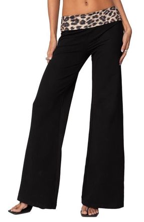 Edikted Foldover Waist Wide Leg Pants in Black/Leopard Print at Nordstrom, Size X-Large