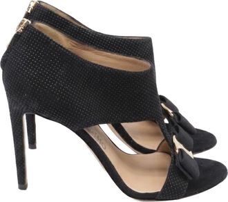 Ferragamo Bow T-Strap Sandal Heels in Black Suede