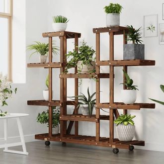 Berkfield Home Elegant Flower Stand with Wheels 110x25x115 cm Solid Wood Fir in Brown | Size: 110 x 25 x 115 cm