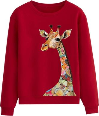 Generic Sweatshirts for Women Womens Hoodies & Sweatshirts Giraffe Printing Sweatshirt Drop Shoulder Hoodie Plus Size Pullover Top (Red, XXL)