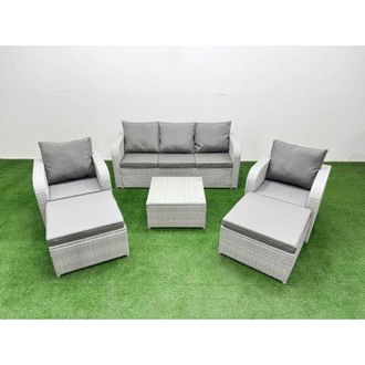 Fimous Fimous PE Rattan Garden Furniture Set Reclining Chair Sofa Lounge Sofa Set Square Coffee Table 2 Big Footstool Light Grey