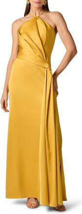 Aidan Mattox Pleated Crepe Back Satin Gown in Golden Rod at Nordstrom, Size 10