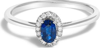 House of Brilliance 10K White Gold Oval and Diamond Accent Halo Birthstone Ring in Blue Sapphire at Nordstrom, Size 6.5