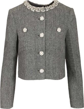 Self Portrait Herringbone Crystal Trim Jacket - Dames - Vesten - Grijs - XS - Wol - Truien & Vesten