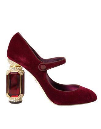 Dolce & Gabbana Womens Velvet Pumps Jewelheels Mary Jane Style - Dark Red Cotton - Size 40.5 EU/IT