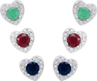 MAX + STONE Sterling Silver 3 pair Emerald, Ruby, Sapphire Small Beaded Heart Stud Earrings