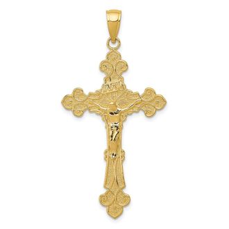 Diamond2Deal 14k Yellow Gold Polished Textured INRI Crucifix Fleur de Lis Pendant