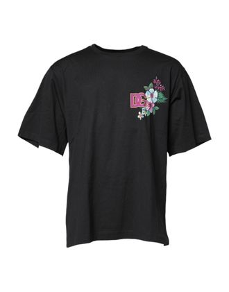 Dolce & Gabbana Mens Black Dg Floral Print Crew Neck T-Shirt Cotton