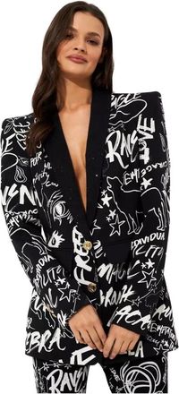 Camilla Zwarte Spirit Scribble Patroon Blazer - Dames - Blazers - Zwart - M - Leer - Jassen