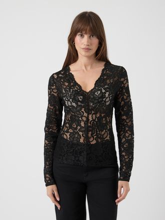 Y.A.S Spitzenshirt Y.A.S YASLACEY LS V-NECK LACE TOP S. NOOS, Damen, Gr. XL, schwarz, Jersey, Obermaterial: 95% Nylon, 5% Elasthan, unifarben, slim fit norm