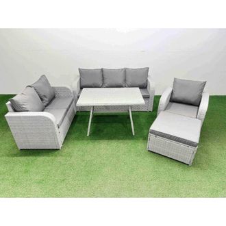 Fimous Rattan High Back Lounge Sofa Set Patio Dining Table & Chairs Set with 3 Seater Sofa Reclining Chair Big Stool Light Grey - Fimous
