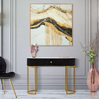 Dmora Consola Marsa, 1 Estante, Efecto M&aacute;rmol Con Caj&oacute;n, Estructura De Tela, 100x43x74h Cm Dorado