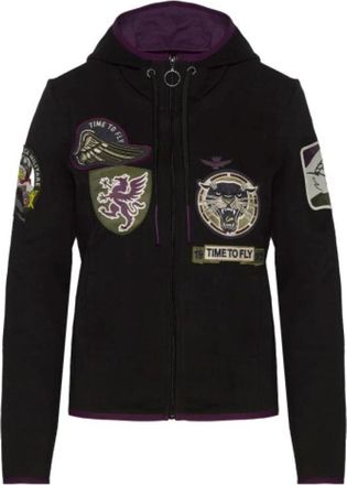 Aeronautica Ritssluiting Sweatshirt met Embleem Patches - Dames - Vesten met rits - Zwart - XS - Katoen - Hoodies & sweatvesten