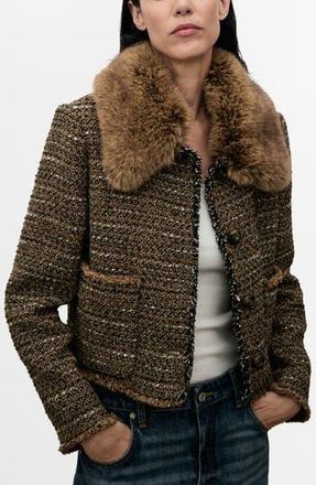 Mango Fringe Tweed Jacket with Faux Fur in Brown at Nordstrom Rack, Size Medium