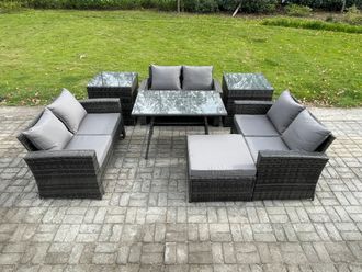 Fimous 7 PCS Outdoor Lounge Sofa Set Wicker PE Rattan Garden Furniture Set with Rectangular Dining Table Love Seat Sofa in Dark Grey