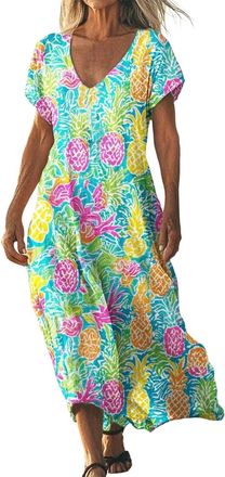Generic Women 2025 Summer Maxi Tropical Fruit Printed Dress Short Sleeve V Neck Casual Elegant Loose Long Beach Dresses 2025 New Green