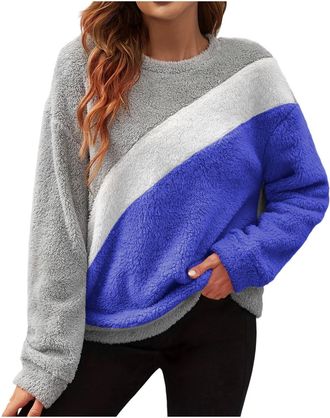 Generic Blue Womens Fuzzy Fleece Pullover Sweatshirt Colour Block Sherpa Warm Jacket Teddy Plush Long Sleeve Round Neck Soft Thermal Jumpers Autumn Winter Fas