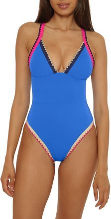 Lucky Brand Avila Embroidered Trim Colorblock Binding One-Piece Swimsuit in Peacock at Nordstrom, Size Medium