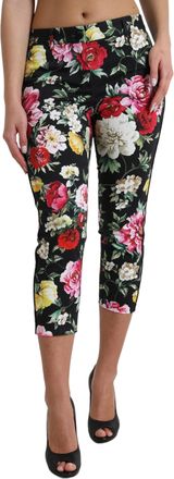 Dolce & Gabbana Black Floral Print Mid Waist Cropped Womens Pants