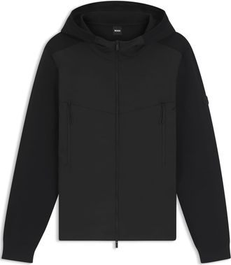 HUGO BOSS Mens Solid Patterned Hooded Ribbed Cuff Rain Jacket with Logo Badge in Black - Size X-Large