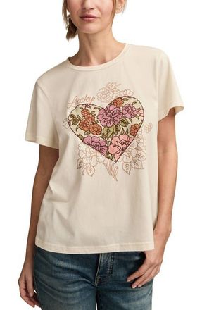 Lucky Brand Classic Embroidered Floral Heart Cotton T-Shirt in Butter Cream at Nordstrom, Size X-Small