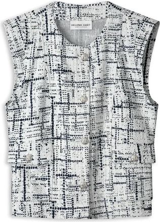 Hart by Helena Hart Marine/Wit Boucl&eacute; Gilet Stijlvol Elegant - Dames - Bodywarmers - Blauw - M - Leer - Jassen