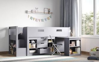 Flair Charlie Staircase Mid Sleeper Cabin Bed with Storage & Desk in Grey | Size: Single