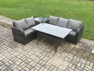 Fimous Outdoor Garden Patio Furniture Wicker Rattan Oblong Rectangular Dining Table & Lounge Sofa set with Side Table Dark Grey Mixed