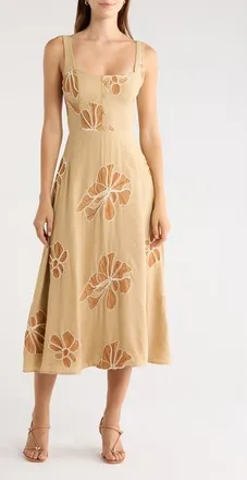 Moon River Placed Embroidered Floral Midi Dress in Mocha Multi at Nordstrom, Size X-Small