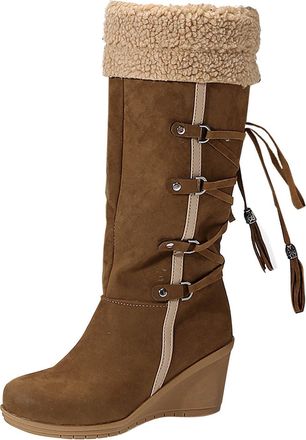 Generic Khaki Female Fashion Footwear with Slope Heel and Tassel for Height Increase Comfortable Wear in Fall and Winter