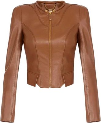Elisabetta Franchi Cigar Lederjack - Dames - Leren en Su&egrave;de Jassen - Bruin - XS - Leer - Jassen