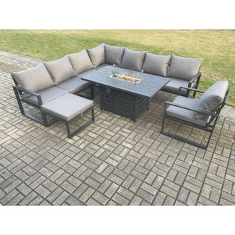 Fimous Fimous Aluminium 9 Seater Garden Furniture Outdoor Set Patio Lounge Sofa Gas Fire Pit Dining Table Set with Chair Big Footstools Dark Grey