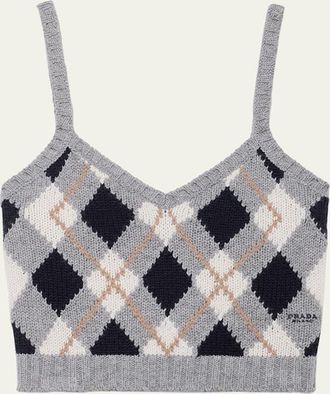 Prada Cashmere Argyle Knit Crop Tank Top