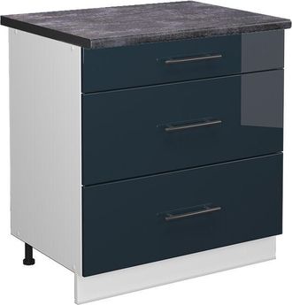 Vicco Mueble Bajo De Cocina Fame-line, Azul Oscuro Alto Brillo, 80 Cm Con 3 Cajones, Et Antracita